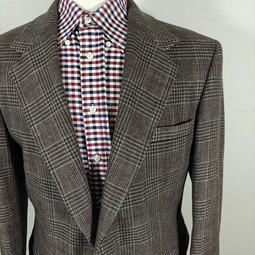 Haggar Men's Tweed Sport Coat Blazer Two Button Brown Plaid Wool Blend Size‎ 42L